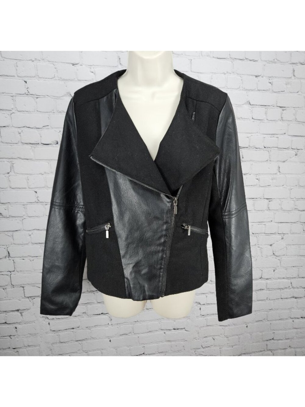 Sh Black Wool Blend Faux Leather Moto Full Zip Lined Zip Pockets Jacket Medium M